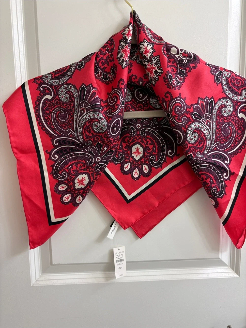 Talbots Vibrant Red Paisley Silk Square Scarf